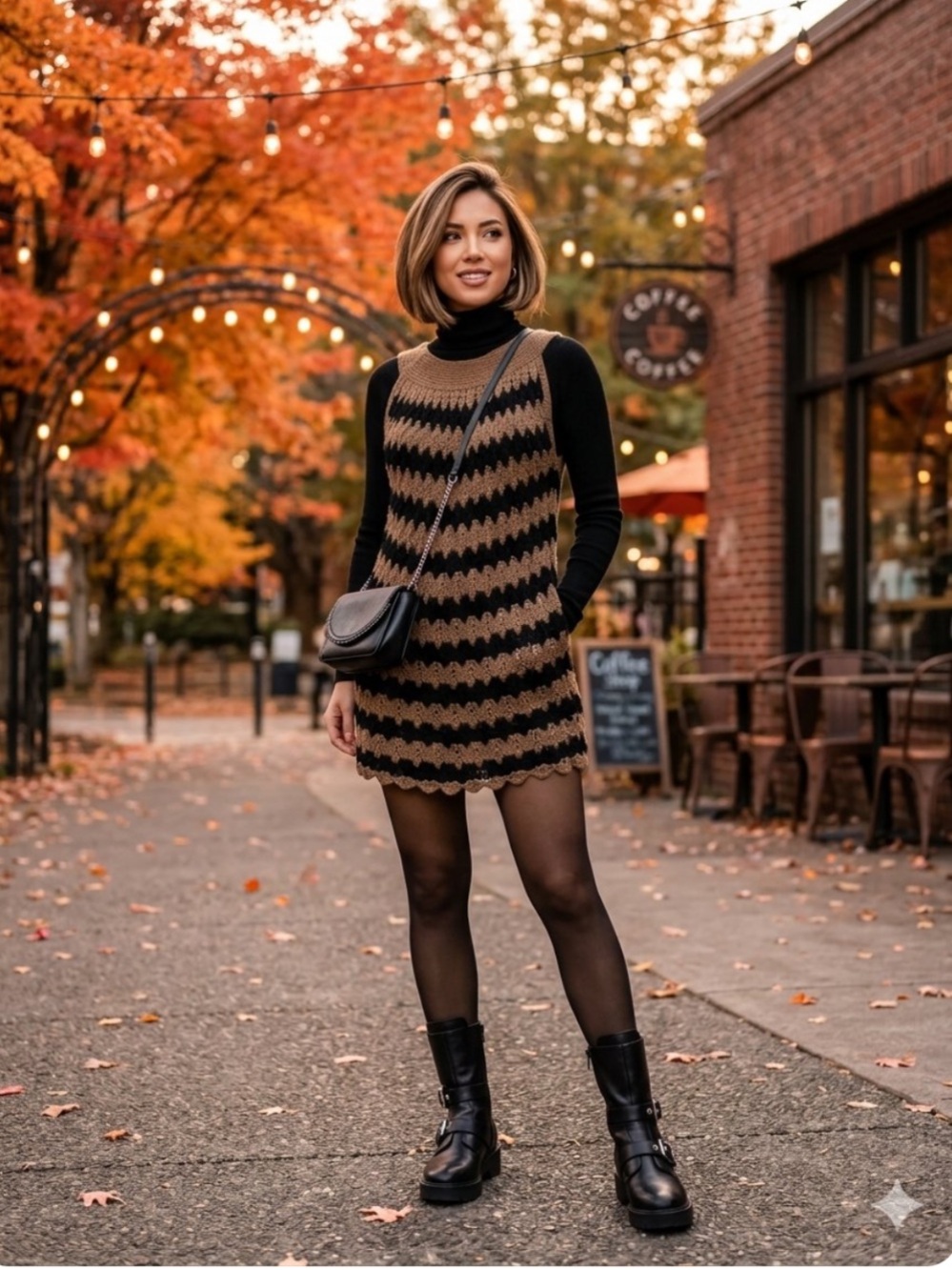 Gorgeous Crochet Knit Stripe -Black&Tan Dress-Festival-Boho- Beach -EUC -SzM ☀️